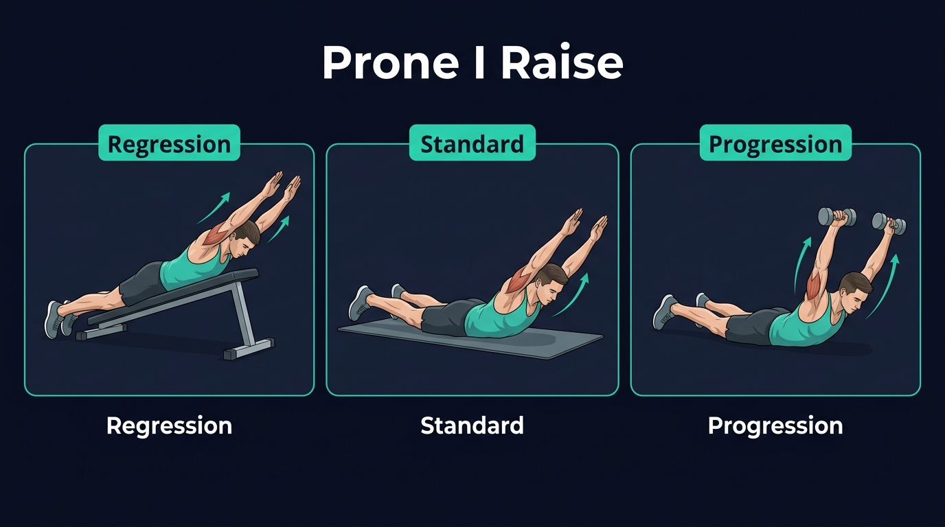 Prone I raise progressions: from beginner partial-range lifts on the floor, to standard prone I raise, to weighted prone I raise with light dumbbells, and finally the YTW circuit combining I, Y, T, and W raises