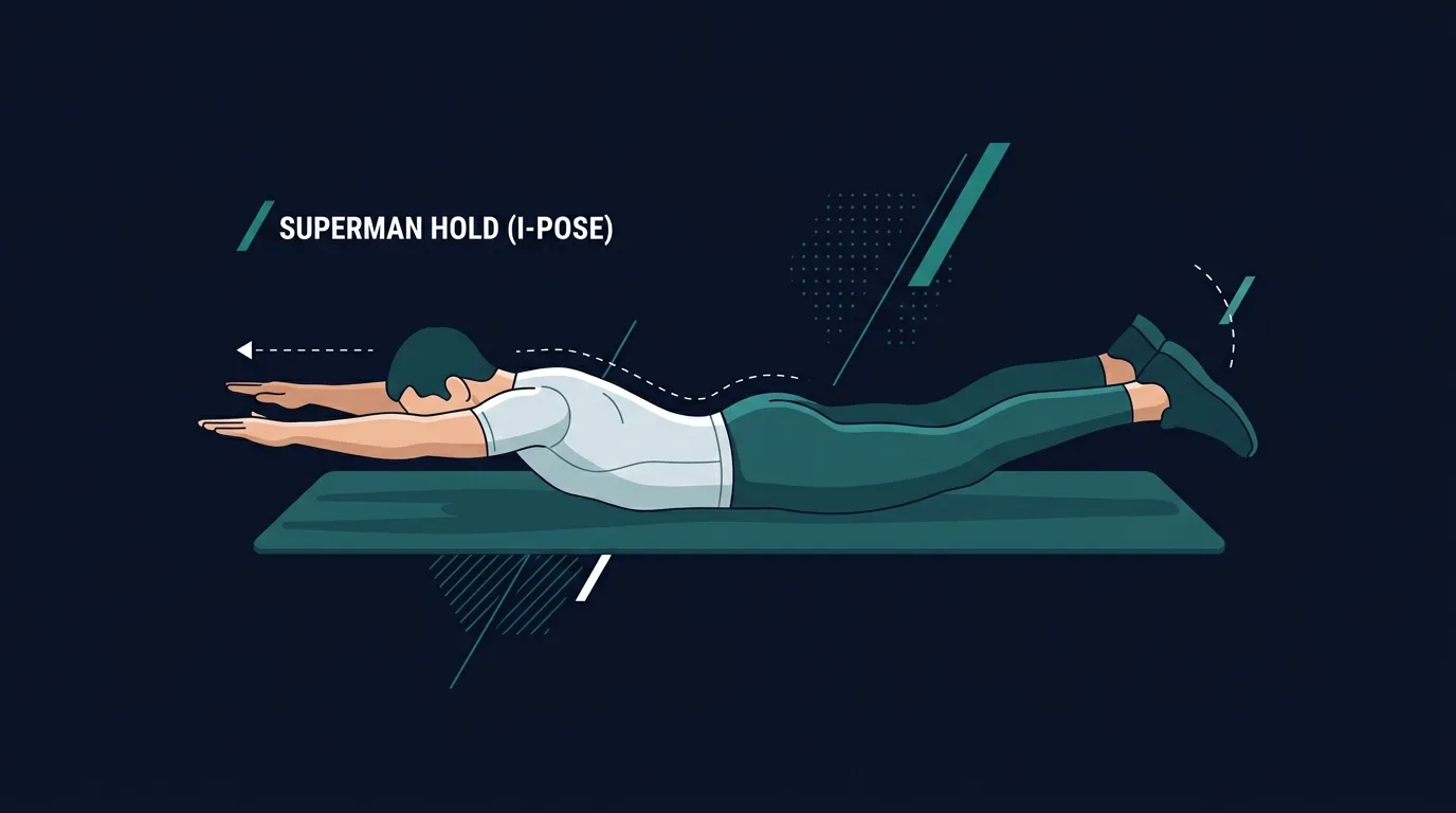 Prone I raise proper form: person lying face down on a mat with arms extended straight overhead, thumbs up, both arms lifted a few inches off the floor by the lower trapezius, body forming a long letter I shape from feet to fingertips