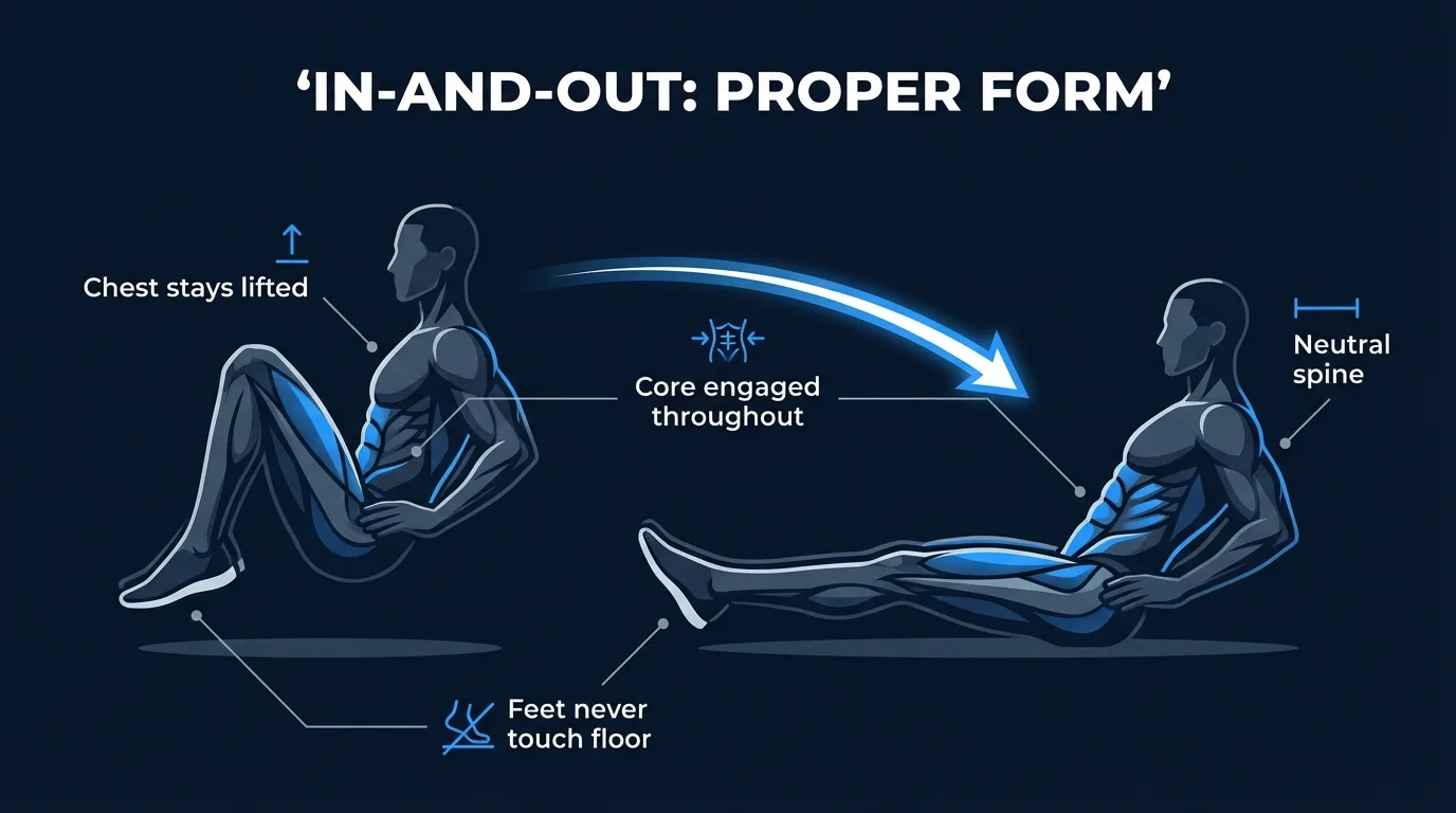 In-and-out proper form: the 'in' position with knees pulled to chest and torso compressed forward, and the 'out' position extended into a shallow V with feet hovering at least two inches off the floor and neutral spine maintained throughout