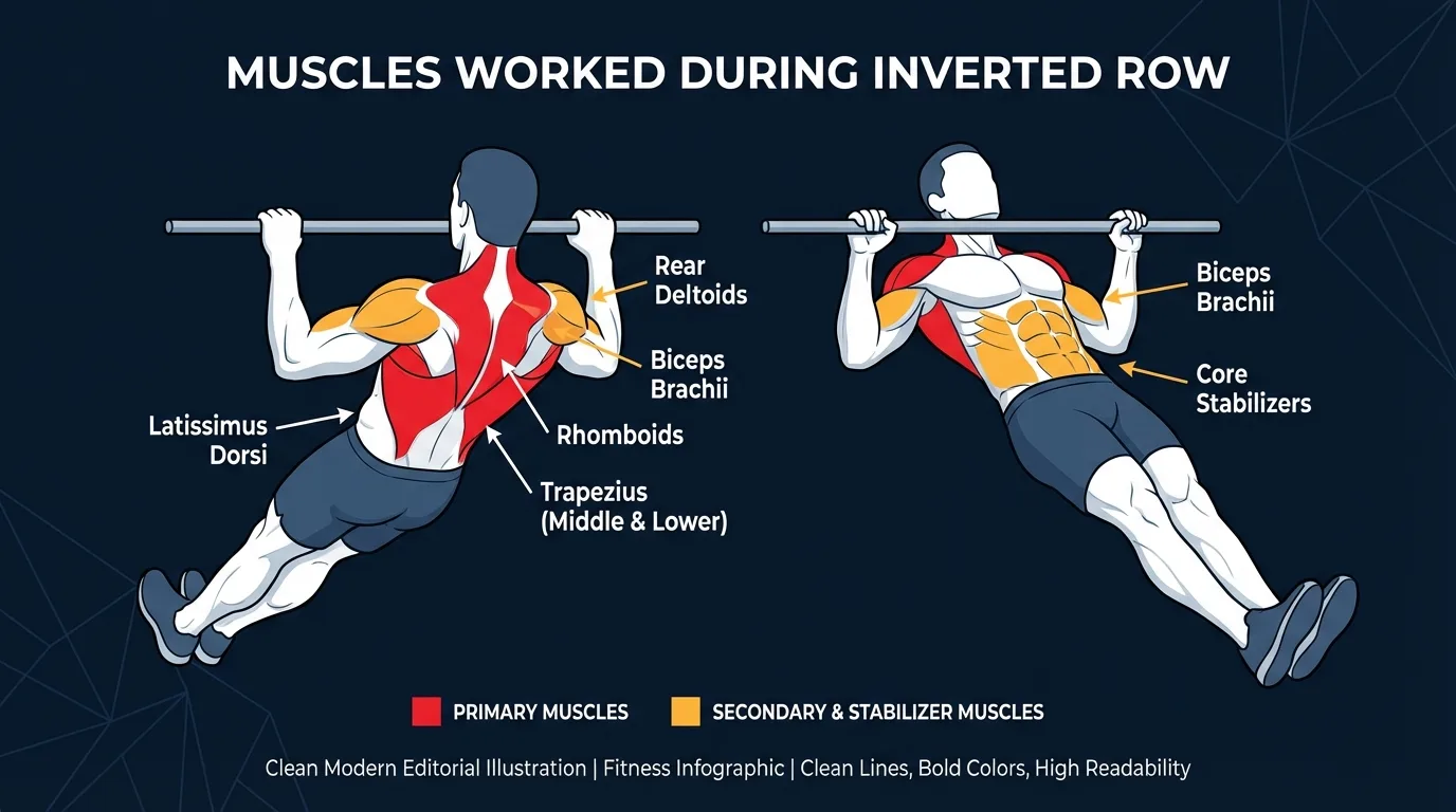 Inverted row muscles activated: latissimus dorsi, rhomboids, and middle trapezius as primary movers, with biceps brachii, rear deltoids, and the core as secondary movers and stabilizers