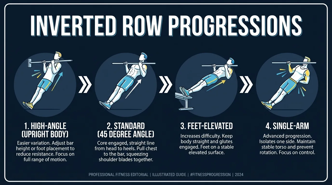 Inverted row progression path from high-bar upright angle (beginner) to standard waist-height bar to feet-elevated to single-arm inverted row, showing increasing difficulty