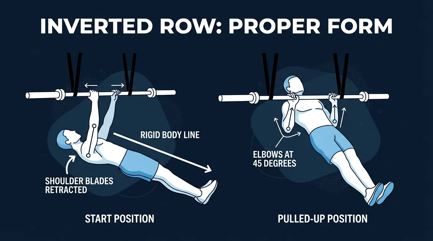 Inverted row proper form showing the hanging start position with a straight head-to-heel body line and the top position with chest touching the bar, elbows tracking back at roughly 45 degrees