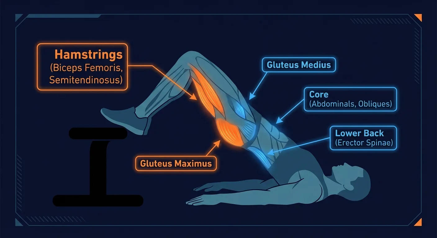 Iso ham raise muscles worked: hamstrings (semitendinosus, semimembranosus, biceps femoris) and gluteus maximus as primary movers, with gluteus medius, spinal erectors, and deep core as stabilizers