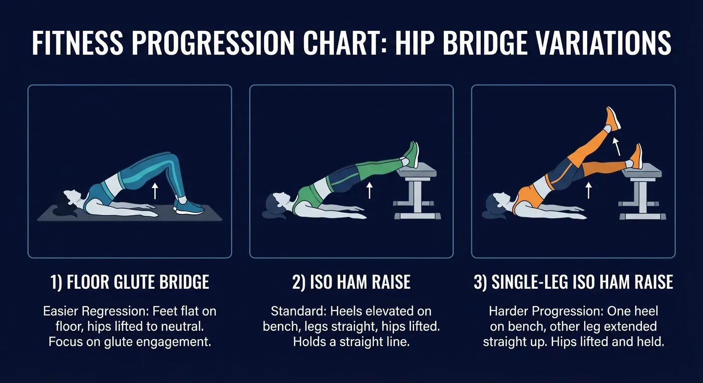 Iso ham raise variations showing the floor glute bridge regression, the bench-elevated bilateral iso ham raise, and the single-leg progression
