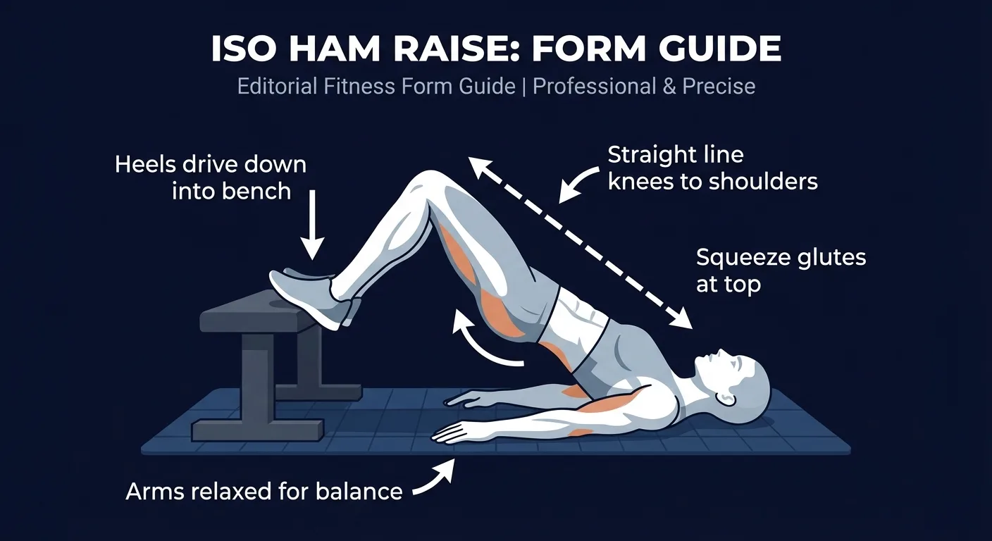 Iso ham raise proper form with heels planted on a bench, hips driven up, and a straight line from knees through hips to shoulders