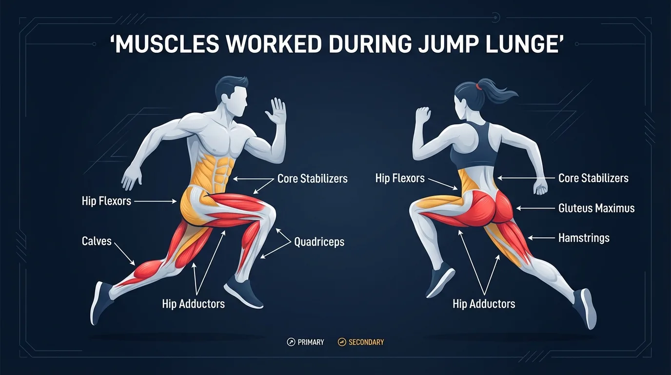 Jump lunge muscles worked: quadriceps, gluteus maximus, hamstrings, and gastrocnemius as primary movers, with the core and hip stabilizers controlling trunk position mid-air