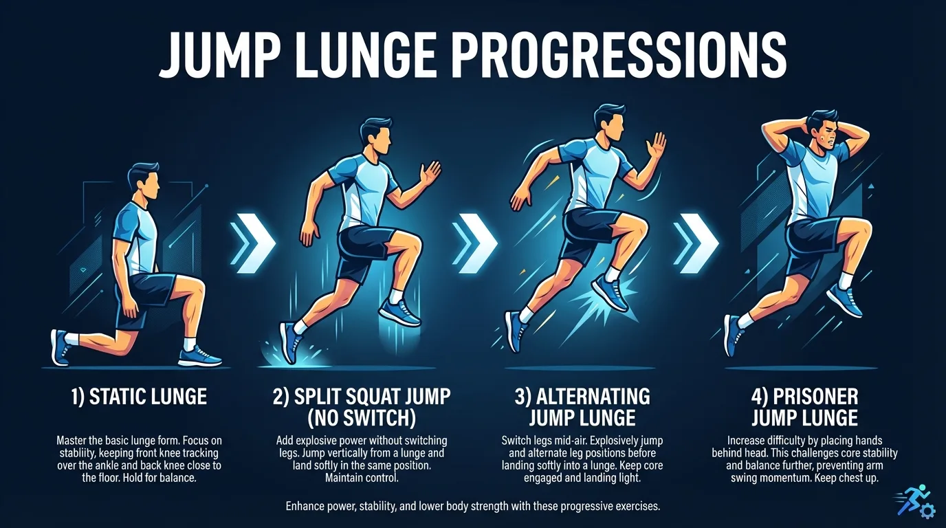 Jump lunge progression ladder from static reverse lunge to split squat jump to alternating jump lunge to depth jump lunge, showing increasing plyometric difficulty
