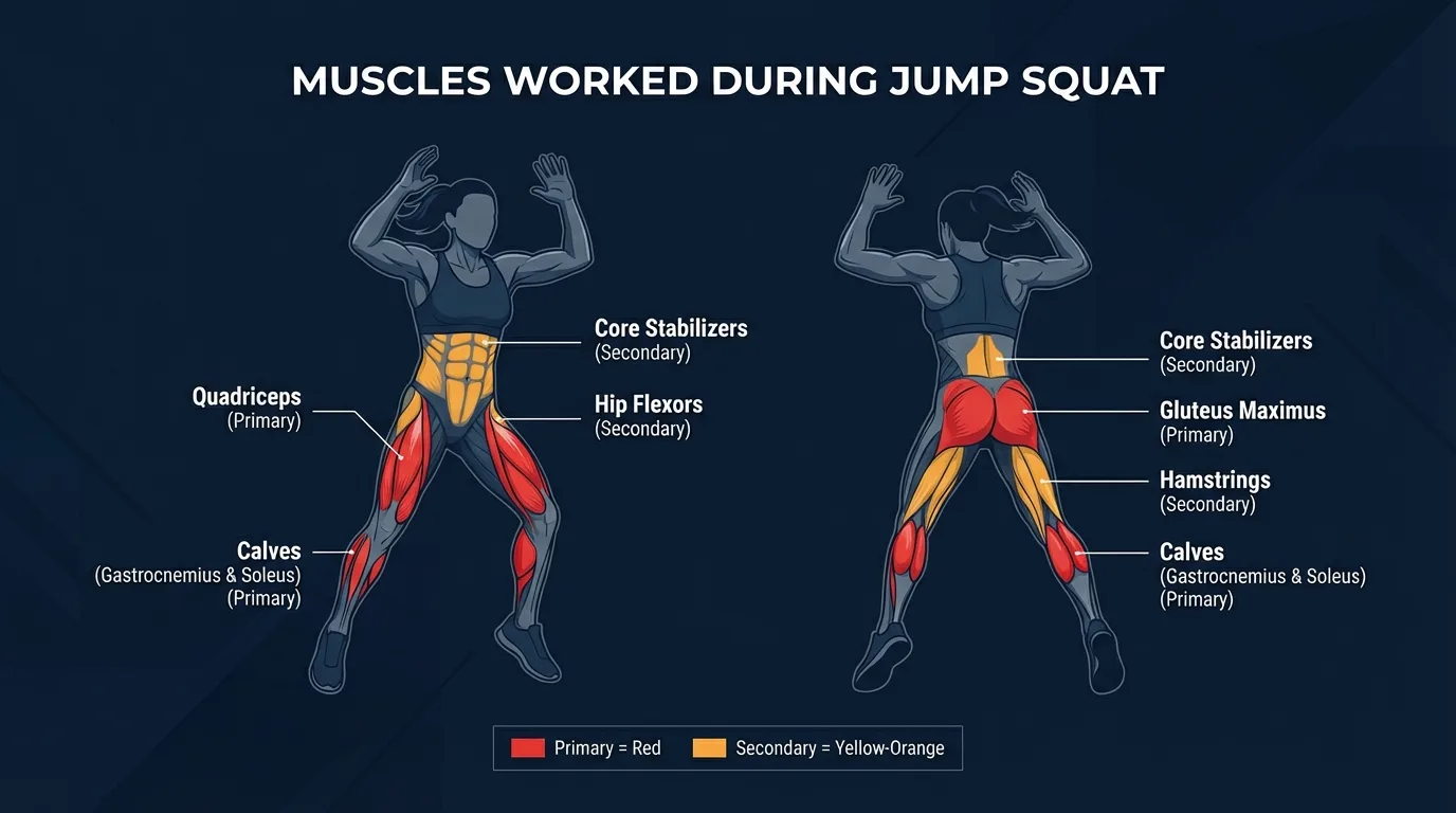 Jump squat muscles activated: quadriceps, gluteus maximus, and calves as primary movers, with hamstrings, core, and hip flexors as secondary stabilizers during takeoff and landing