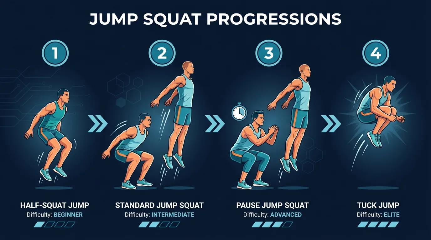 Jump squat progression: half-squat jump for beginners, standard parallel-depth jump squat, paused jump squat for starting strength, and tuck jump for advanced power