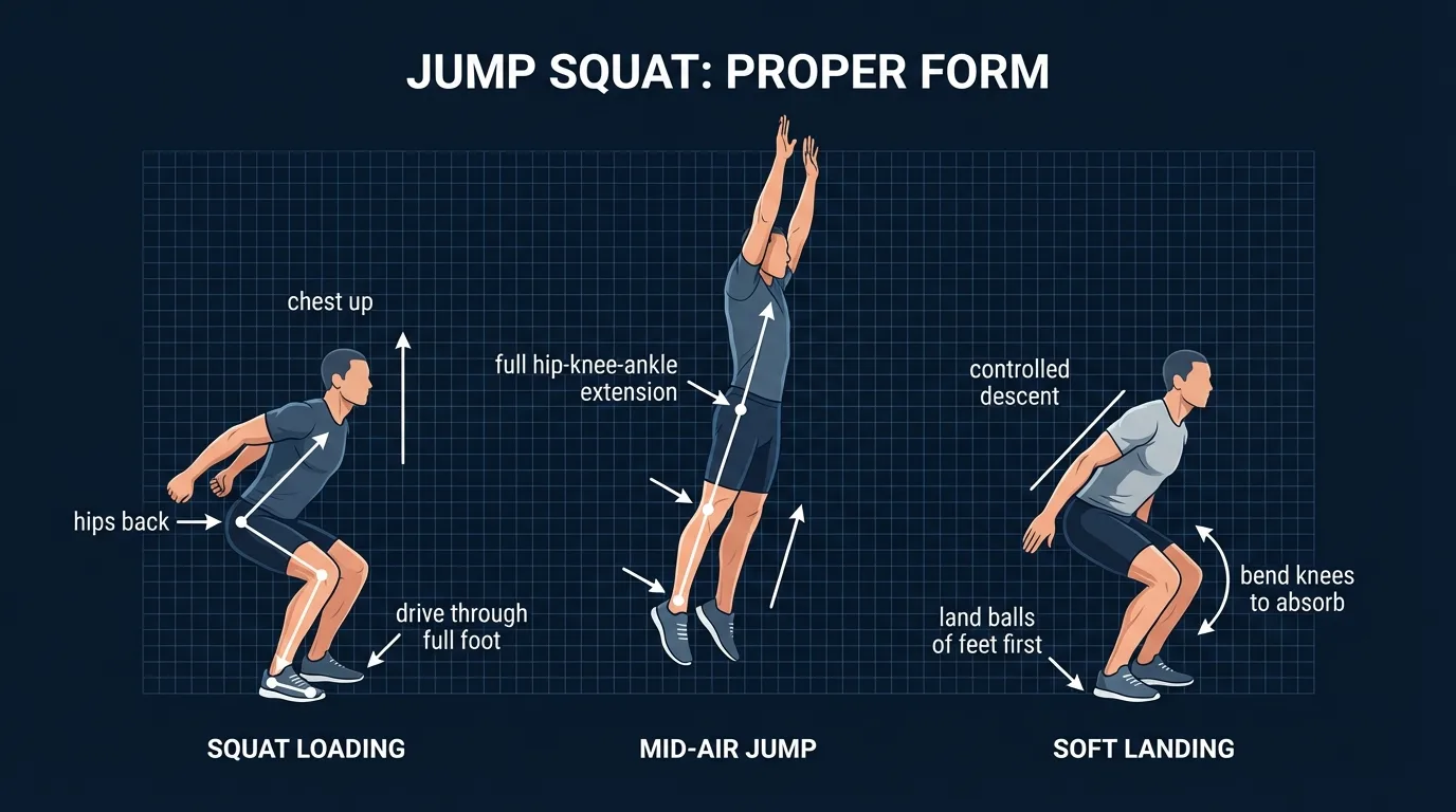 Jump squat proper form sequence: squat loading position with hips back and knees bent, full triple extension at jump apex, and soft landing with bent knees absorbing impact