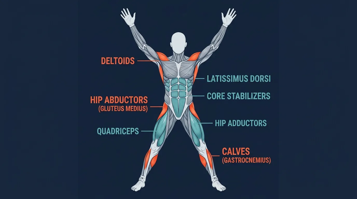 Jumping jack muscles activated: hip abductors (gluteus medius, gluteus minimus, tensor fasciae latae) and deltoids as primary movers; calves, quads, and hip adductors as secondary movers; core and ankle stabilizers as isometric support