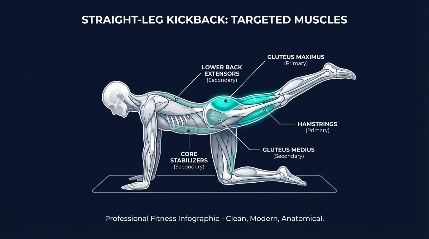 Kickback exercise muscles activated: gluteus maximus and hamstrings as primary movers, with core stabilizers, gluteus medius, and lower-back extensors as secondary and stabilizing muscles