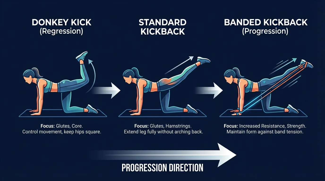 Kickback exercise progression path showing standard bodyweight straight-leg variation, banded resistance variation with a long band looped around the foot, and pulse variation at peak contraction