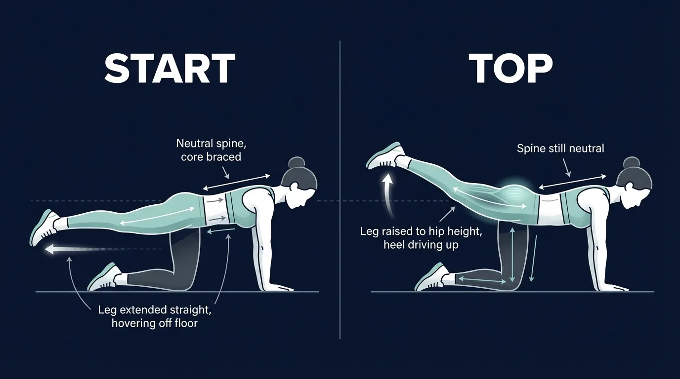 Kickback exercise proper form showing the starting position on all fours with a straight leg hovering off the floor, and the top position with the straight leg raised to hip height while a neutral spine is maintained