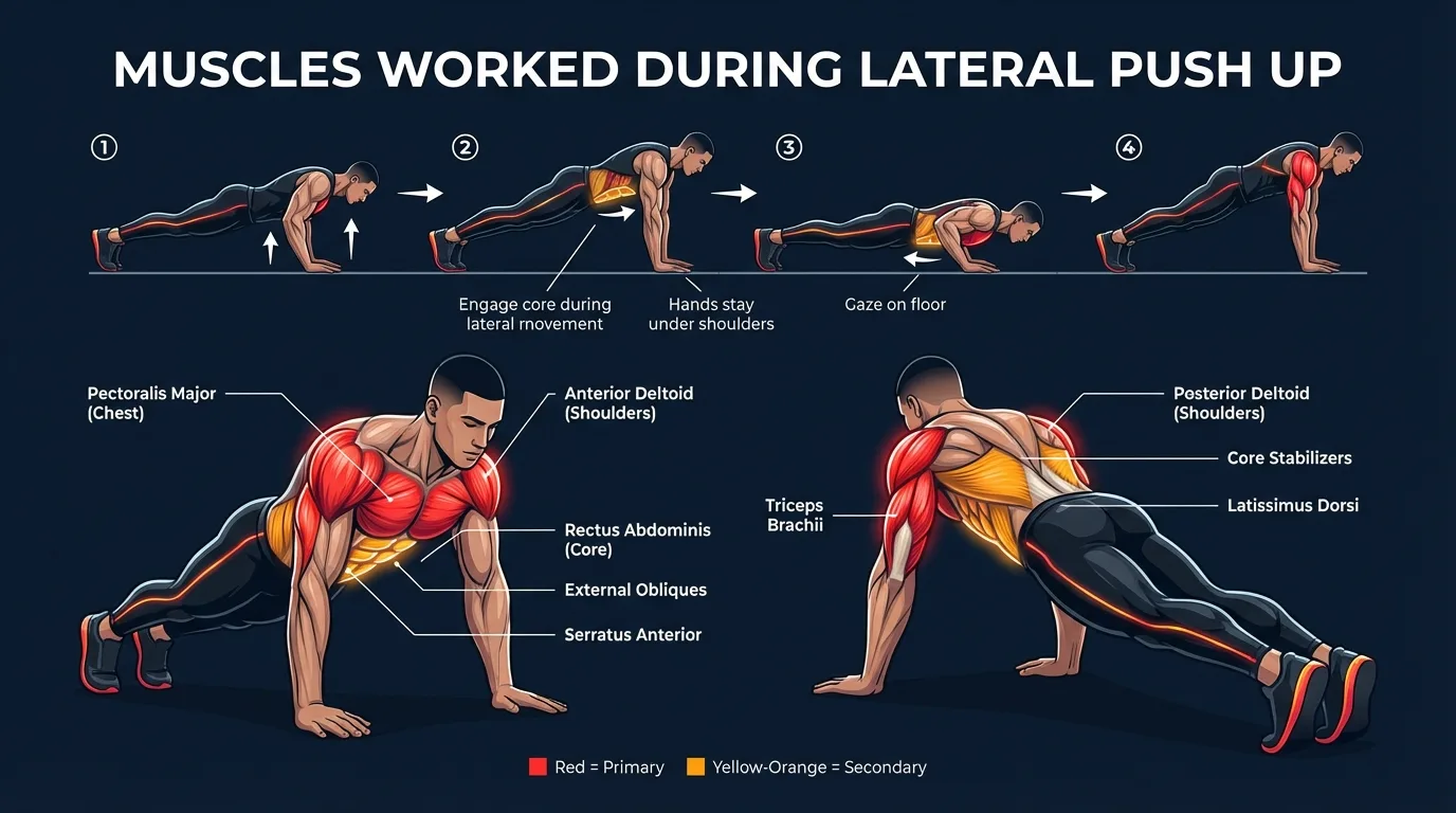 Lateral push-up muscles activated: pectoralis major, anterior deltoids, and triceps brachii as primary movers, with the obliques and transverse abdominis working hard as anti-rotation stabilizers
