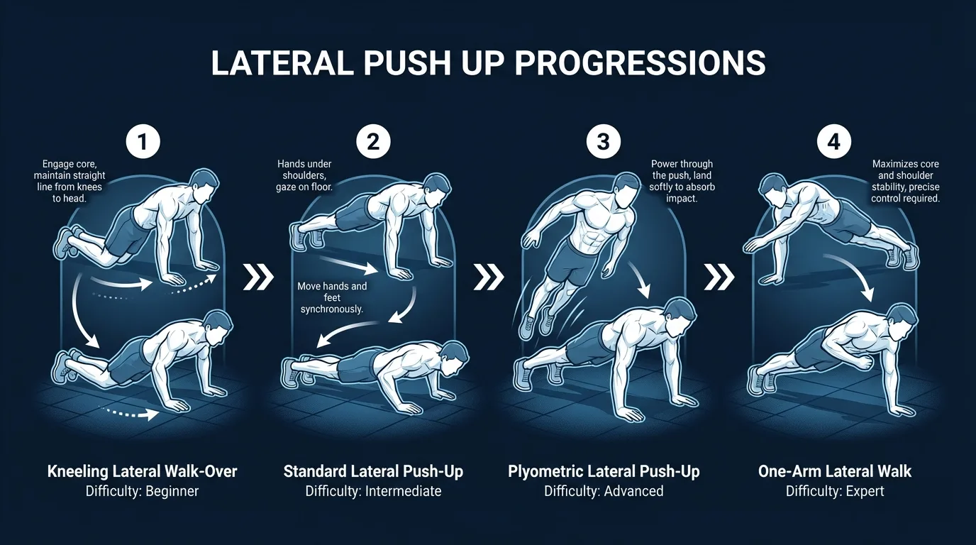 Lateral push-up progression path: incline lateral push-up on a bench (intermediate), floor lateral push-up (advanced), and feet-elevated lateral push-up (expert) shown with increasing difficulty