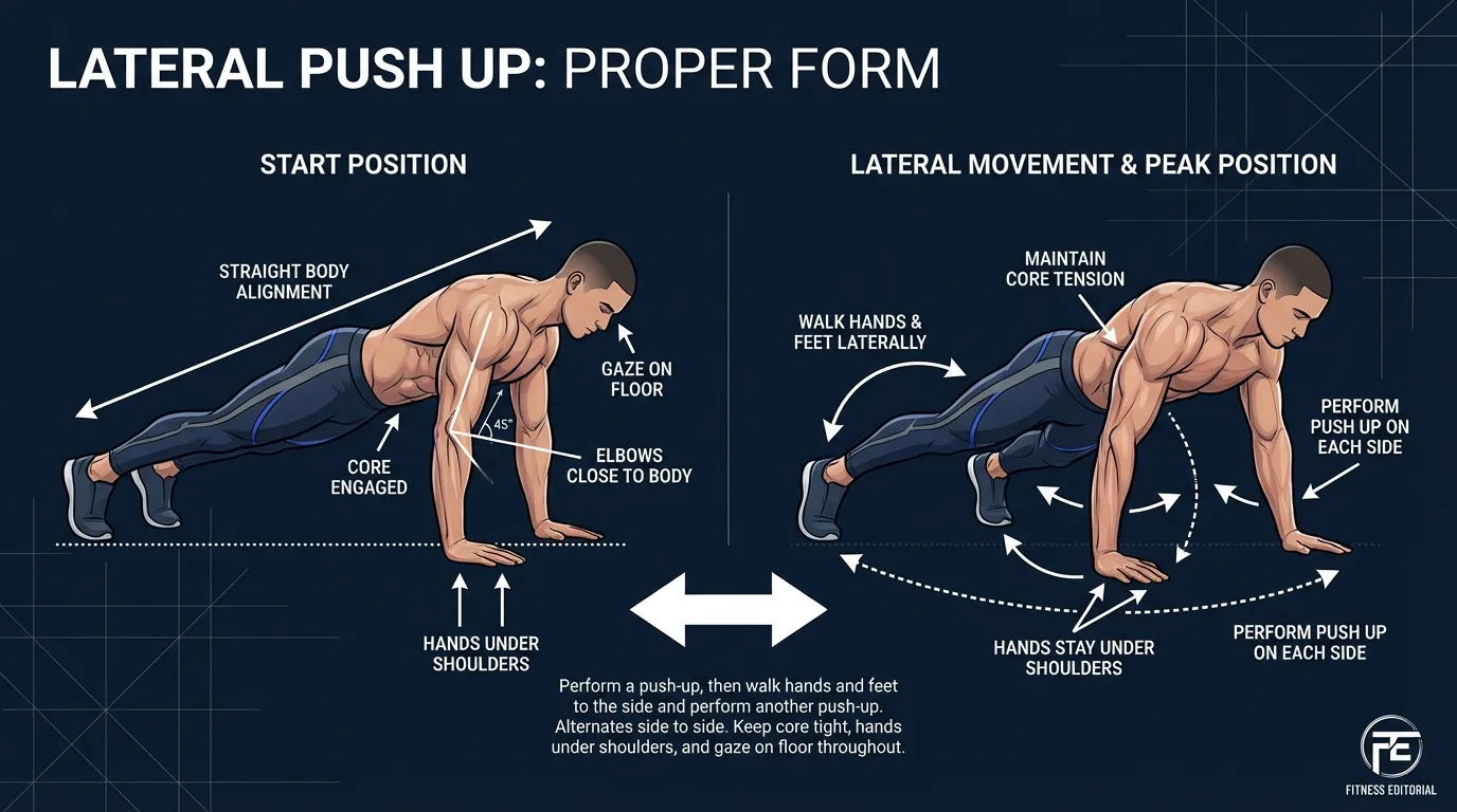Lateral push-up proper form: one hand walked out 6 to 8 inches wider than shoulder-width, elbows at a 45-degree angle to the torso, body in a straight head-to-heel plank with hips level