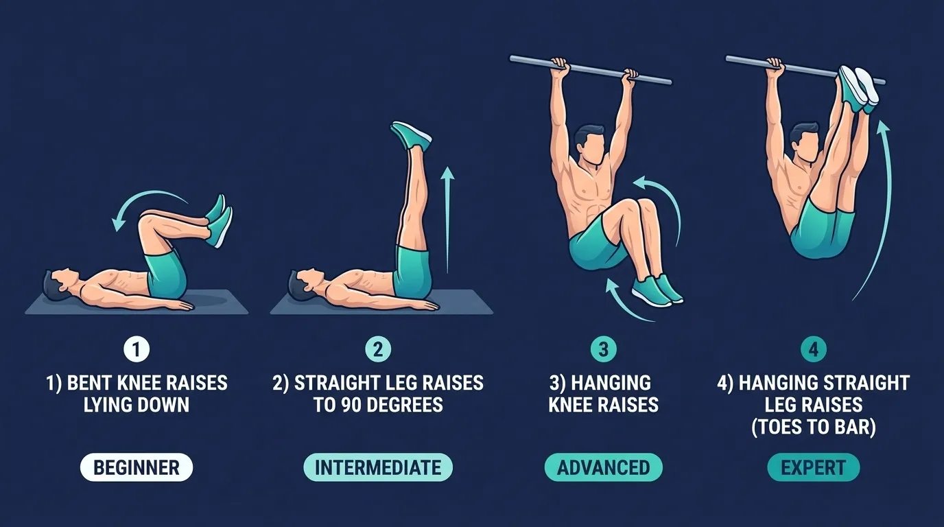 Leg raise progression spectrum from bent-knee leg raises and single-leg raises (beginner regressions) to standard straight-leg lying raises (intermediate) to hanging leg raises and weighted leg raises (advanced progressions)
