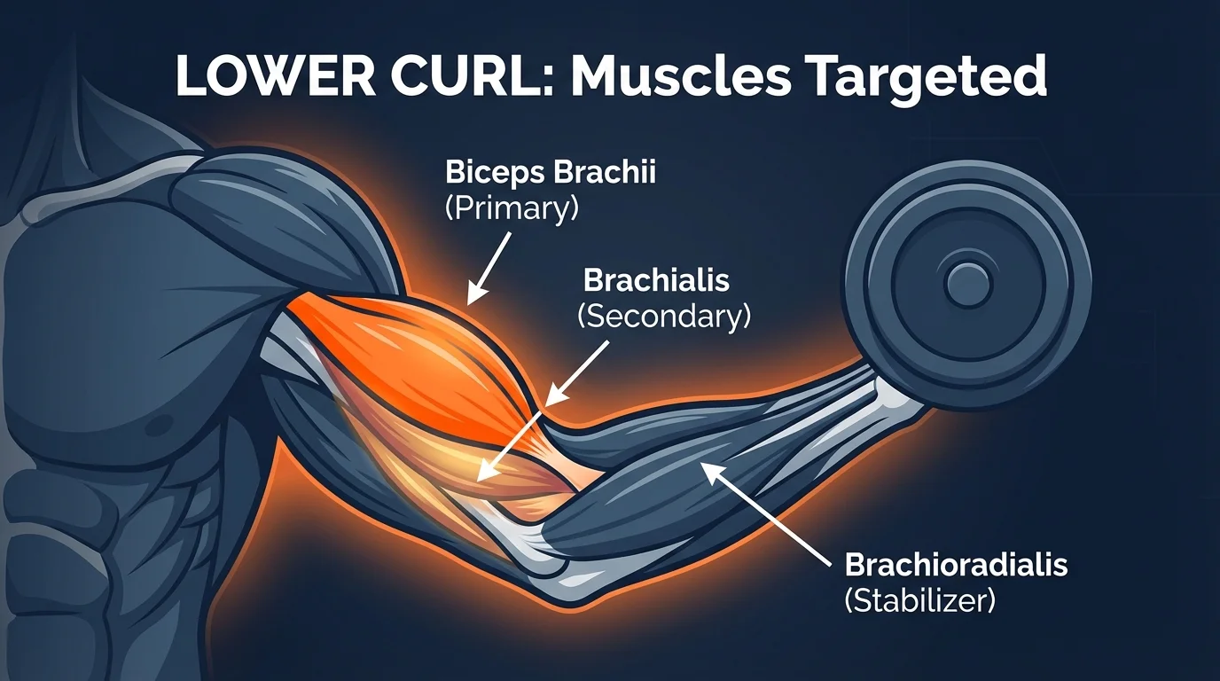Lower curl muscles worked: biceps brachii (long and short head) as the primary mover, brachialis and brachioradialis as secondary movers, with forearm flexors stabilizing the grip and the shoulder girdle and core holding the torso upright