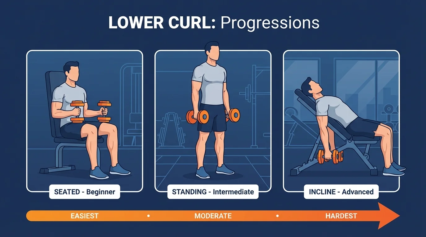 Lower curl progressions from seated lower curl for strict form, to standing lower curl, to incline lower curl with arms hanging behind the torso for deeper stretch, illustrating the difficulty progression from beginner to advanced