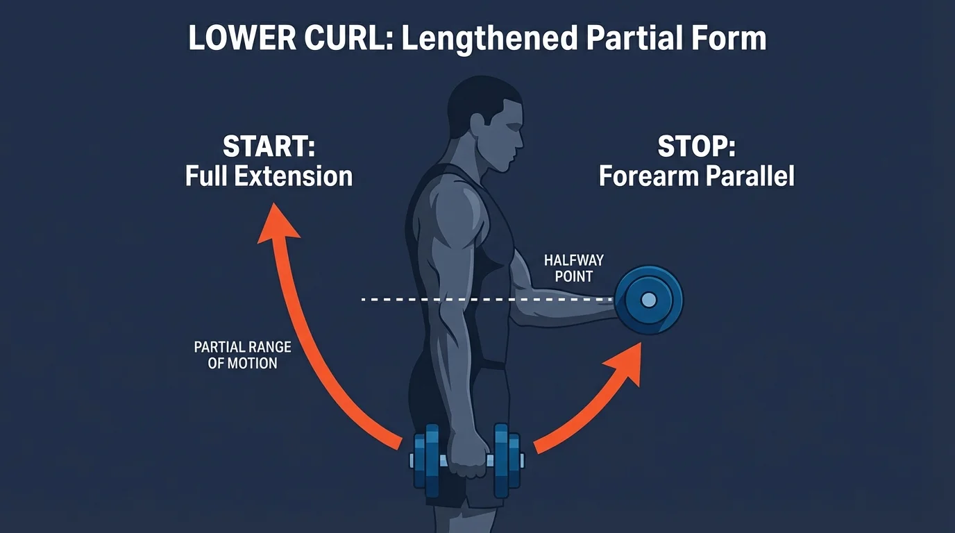 Lower curl proper form showing starting position with dumbbells at thighs in full arm extension and the top position with forearms parallel to the floor, illustrating the lengthened-partial range of motion that stops short of full elbow flexion