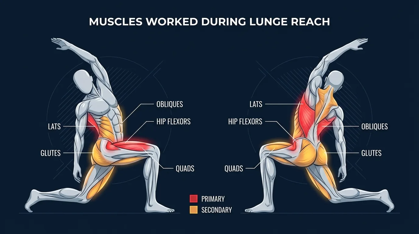 Lunge reach muscles activated: hip flexors (psoas, rectus femoris) and thoracic spine rotators as primary stretch targets, with glutes, quadriceps, obliques, and latissimus dorsi engaged for stabilization and lengthening