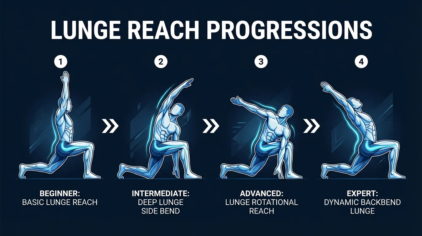 Lunge reach variations from kneeling beginner version (back knee on the mat) to standard standing version to dynamic walking flow advanced version, showing the progression of hip flexor opening and thoracic rotation