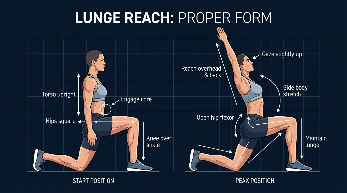 Lunge reach proper form showing the deep lunge position with the inside hand planted inside the front foot, hips square, thoracic rotation driving from the mid-back, and the free arm extended overhead toward the ceiling