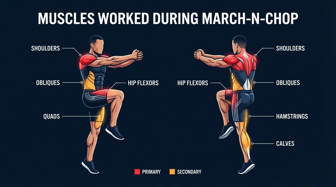 March-n-chop muscles targeted: obliques and hip flexors as primary movers, with rectus abdominis, glutes, quadriceps, lats, and deltoids assisting during the chopping and marching pattern