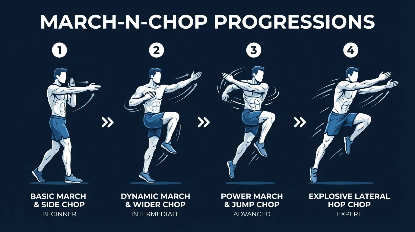 March-n-chop variations progression: slow-tempo bodyweight version for beginners, standard tempo with full rotation, weighted version with a medicine ball, and explosive jump-switch version for advanced trainees