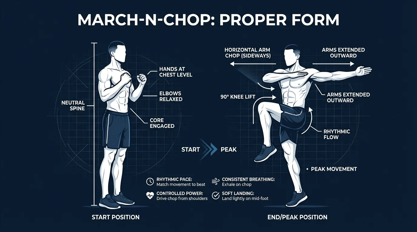 March-n-chop proper form sequence: overhead start position with clasped hands, knee driving to waist height, diagonal chop toward the outside of the rising hip, and controlled return path