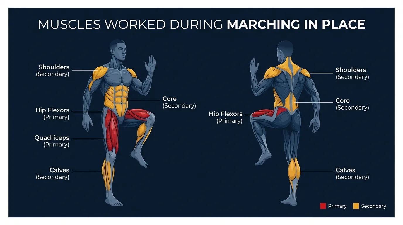 Marching in place muscles targeted: hip flexors and quadriceps as primary movers driving knee lift, glutes and hamstrings as secondary movers, with calves and core stabilizers supporting balance and posture