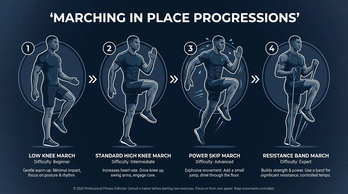 Marching in place progressions from seated marching for beginners to high-knee banded marching with overhead arm reach for advanced trainees