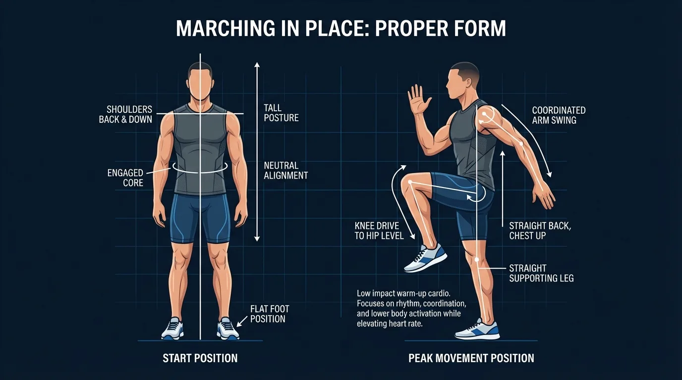 Marching in place proper form: upright torso stacked over hips, thigh lifting to hip height, opposite arm swinging forward in counter-rotation, ball-of-foot landing