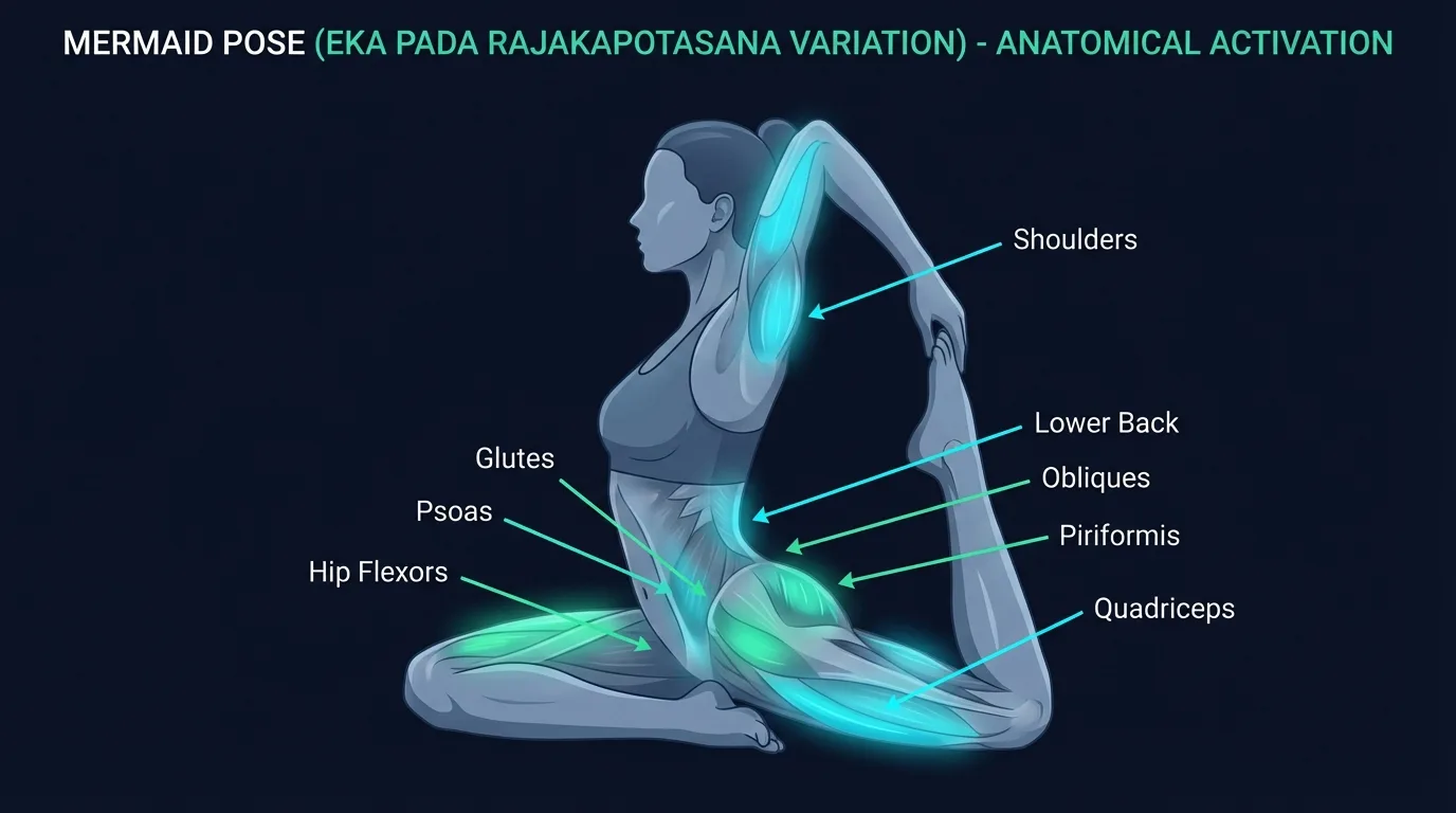 Mermaid pose muscles engaged and stretched: hip flexors (psoas, iliacus), quadriceps, and piriformis as primary stretched muscles with chest, shoulders, lats, and obliques as secondary, and the core and deep hip stabilizers working isometrically