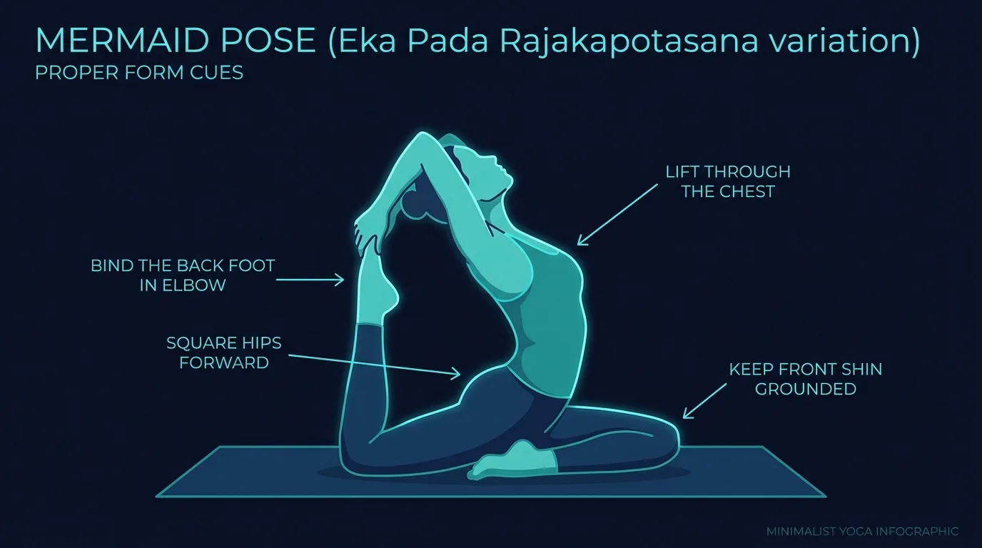 Mermaid pose proper form: pigeon base with front shin grounded and hips square, back foot bound in the elbow crook, hands clasped overhead behind the head, chest lifted in a gentle backbend