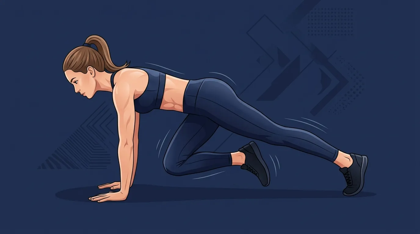 Mountain climber proper form: hands directly under the shoulders in a high plank, body in a straight head-to-heel line with hips level, one knee driving toward the chest while the other leg stays extended
