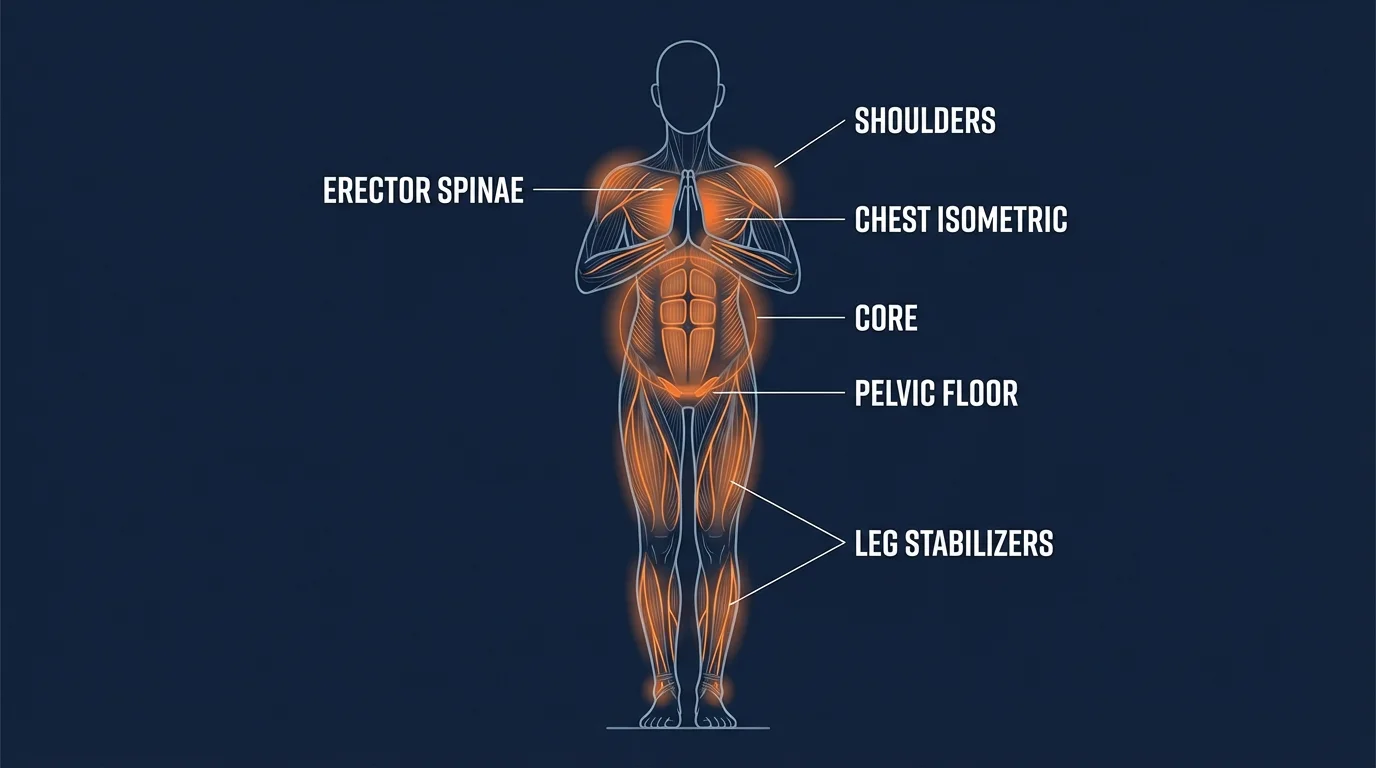 Namaste pose muscles engaged: deep core stabilizers (transverse abdominis, multifidus), erector spinae along the spine, pelvic floor, leg stabilizers (quads, glutes, calves), and the isometric pectoralis major, anterior deltoids, and forearm flexors as the palms press together at heart center