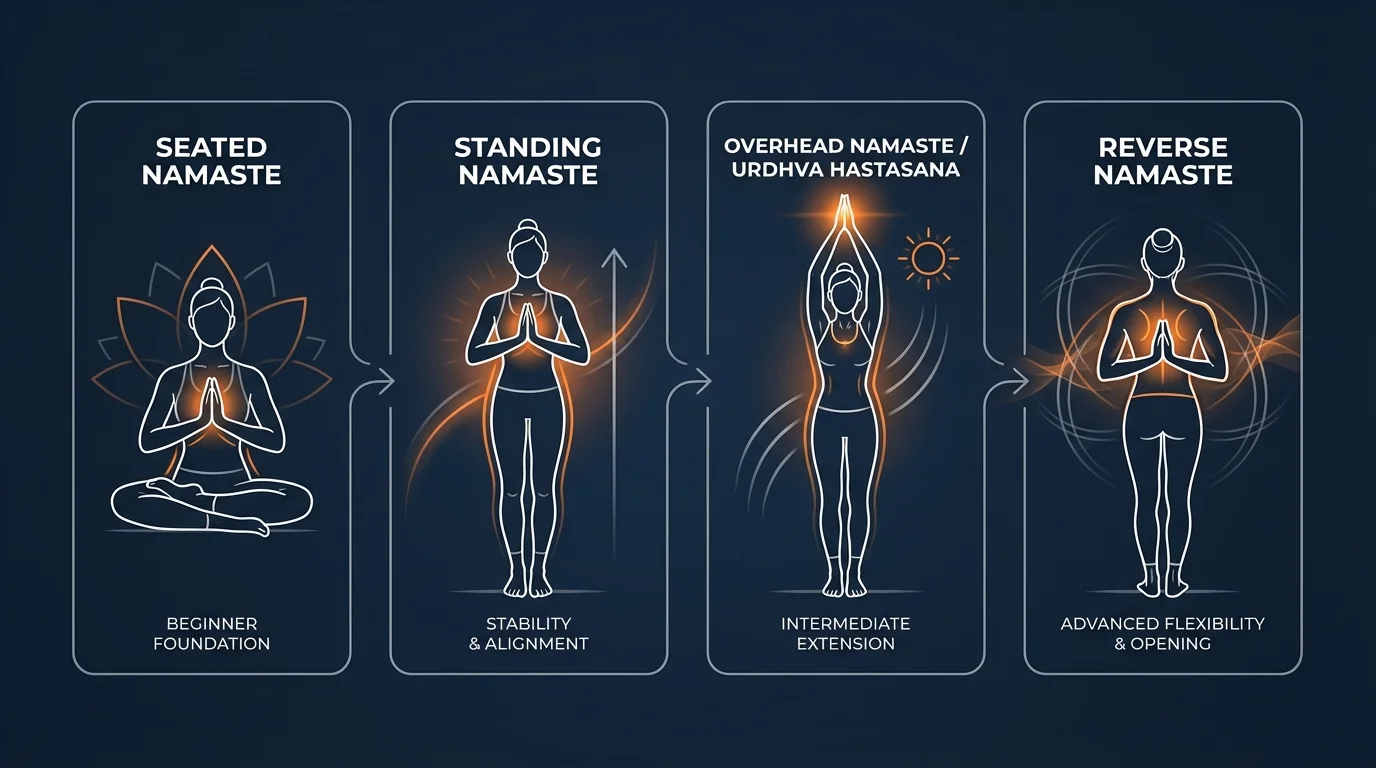 Namaste pose progressions ladder: seated namaste on the floor, standing pranamasana, overhead urdhva hastasana with arms raised, and reverse namaste pashchima namaskarasana behind the back, showing increasing shoulder and wrist mobility demands
