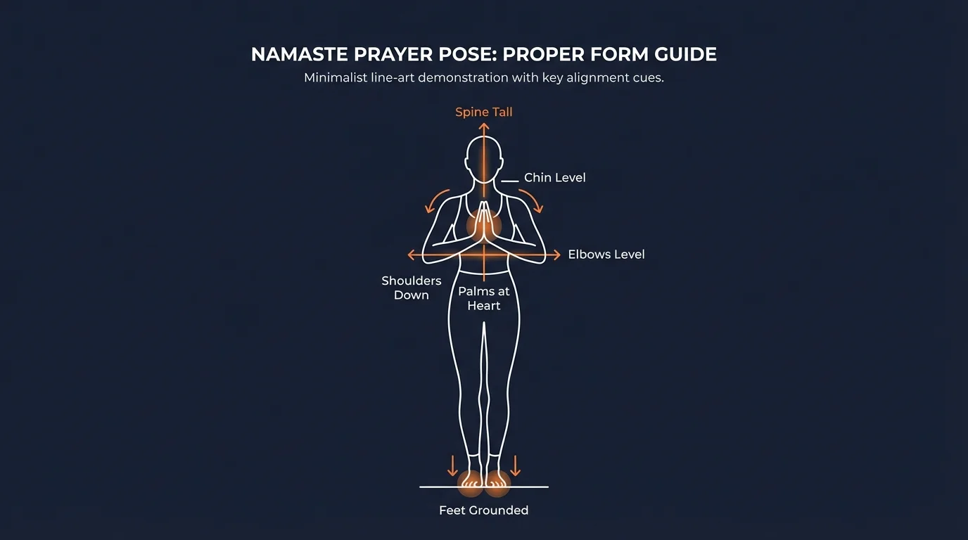 Namaste prayer pose proper form: standing tall with feet hip-width apart, spine lengthened, shoulders rolled back and down, palms pressed firmly together at heart center, elbows lifted so forearms stay horizontal