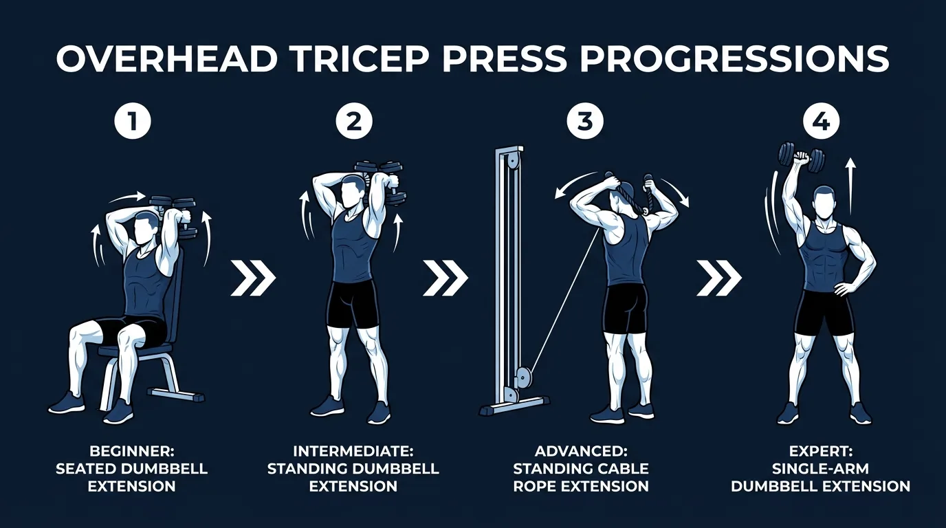 Overhead tricep press progressions showing four variations from seated two-hand (beginner) to standing to single-arm to skull crushers with difficulty levels labeled