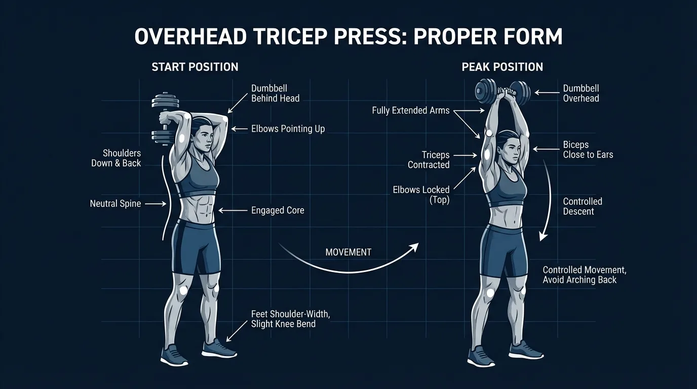 Overhead tricep press proper form comparison showing correct elbow position pointing forward with upper arms stationary versus the common mistake of flared elbows that loads the shoulder instead of the triceps long head