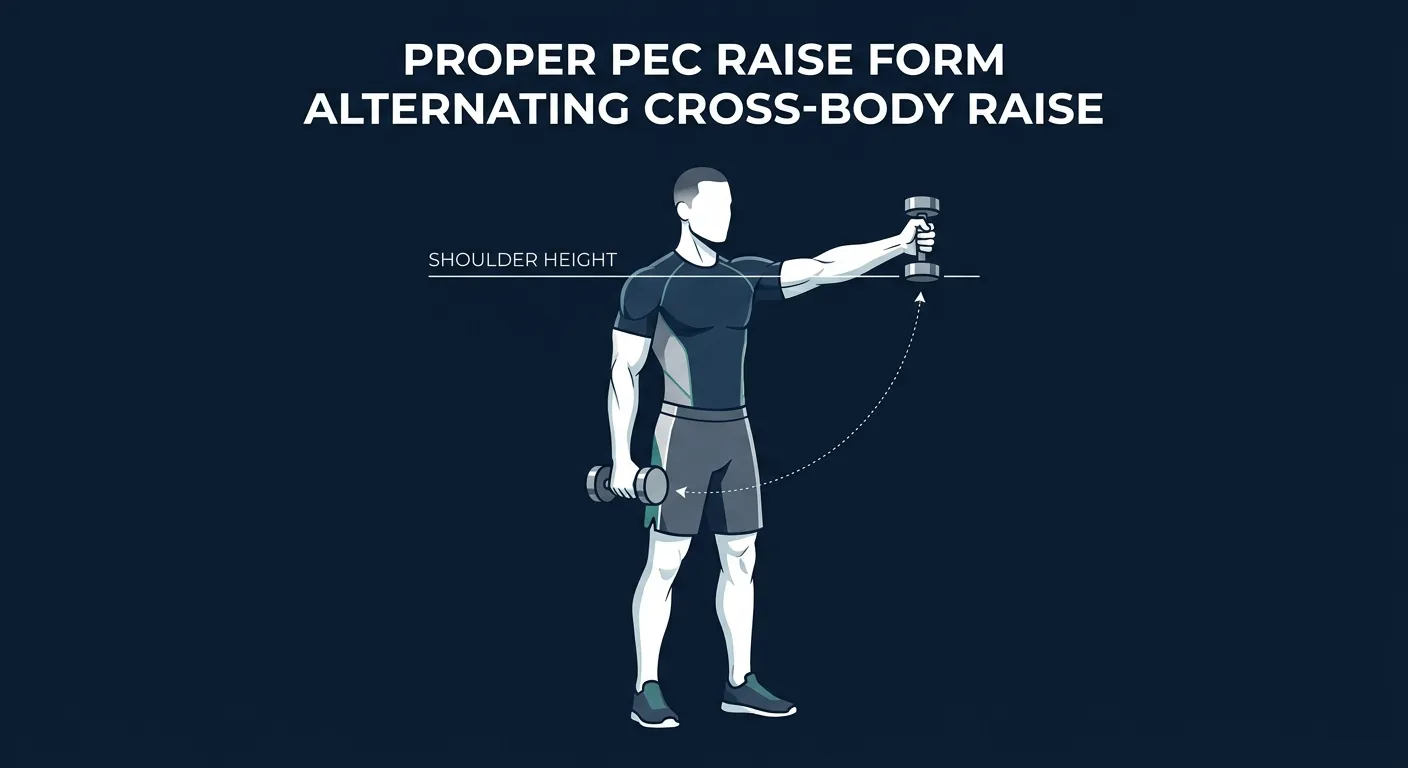 Pec raise proper form: standing lifter raising one dumbbell diagonally across the torso to shoulder height with a fixed soft elbow bend, square hips and shoulders, and the other dumbbell held at the thigh