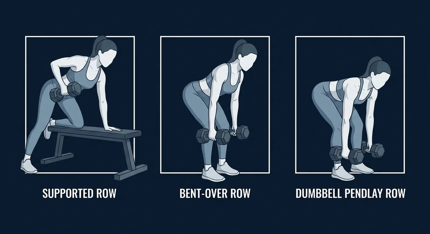 Dumbbell rowing progression from supported row with one hand braced, to bent-over row at 45 degrees, to dumbbell Pendlay row from a dead stop on the floor