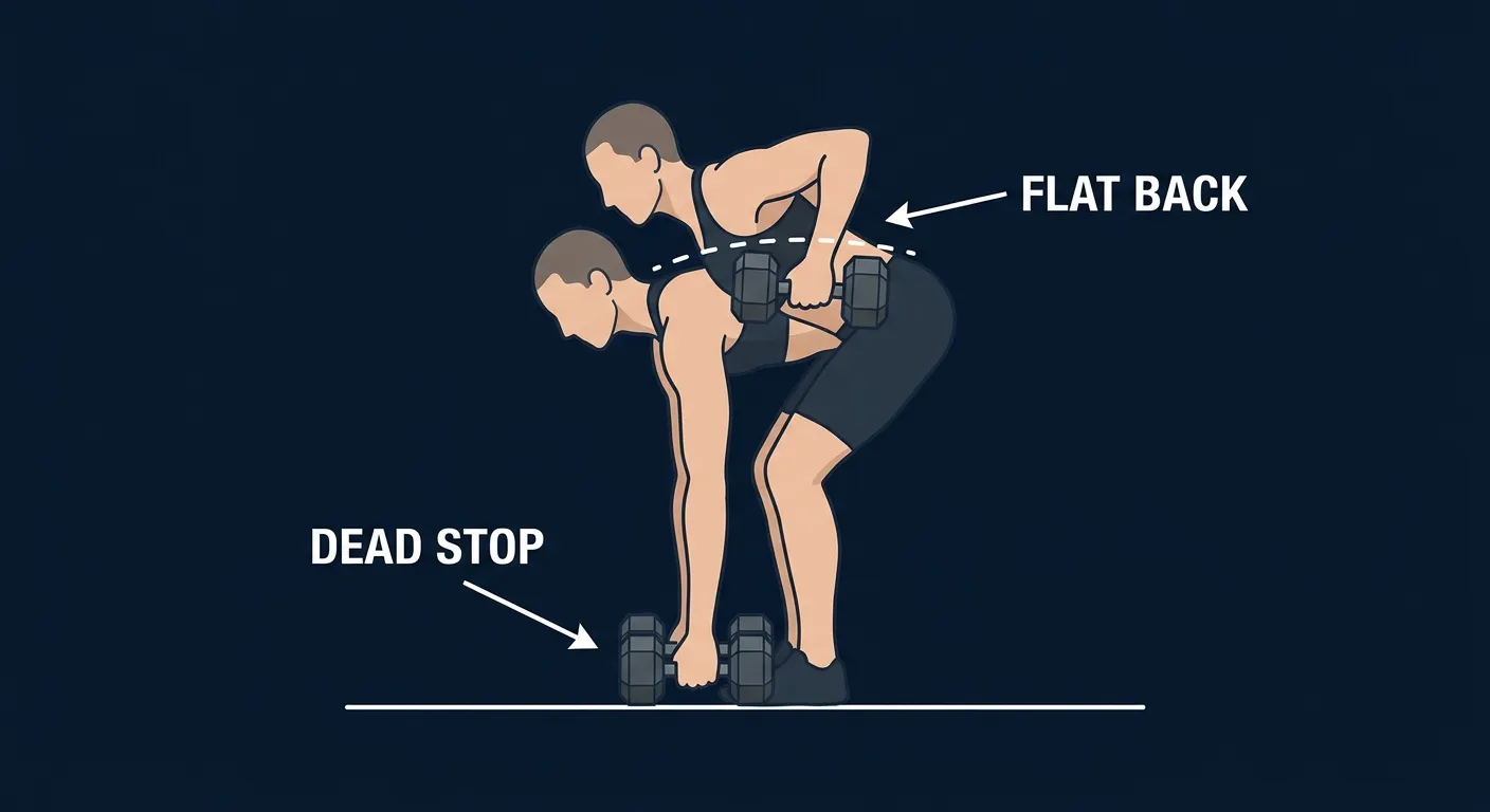 Dumbbell Pendlay row proper form: torso parallel to the floor with a flat back, dumbbells starting from a dead stop on the floor and pulled explosively to the lower ribs
