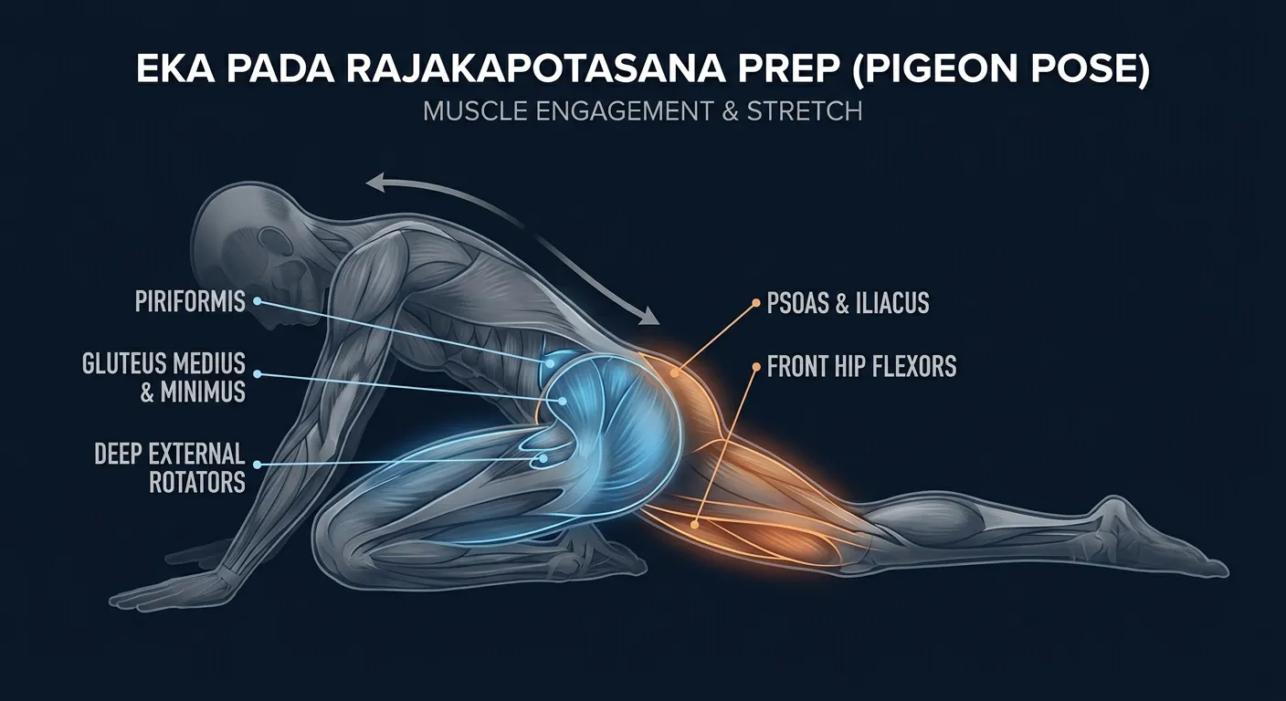 Pigeon pose muscles stretched and engaged: piriformis, gluteus medius, gluteus minimus, deep hip external rotators, psoas, iliacus, and rectus femoris
