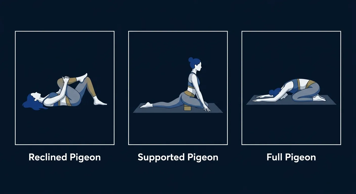 Pigeon pose progressions from reclined figure-four stretch to supported pigeon with a block to full pigeon and mermaid pose