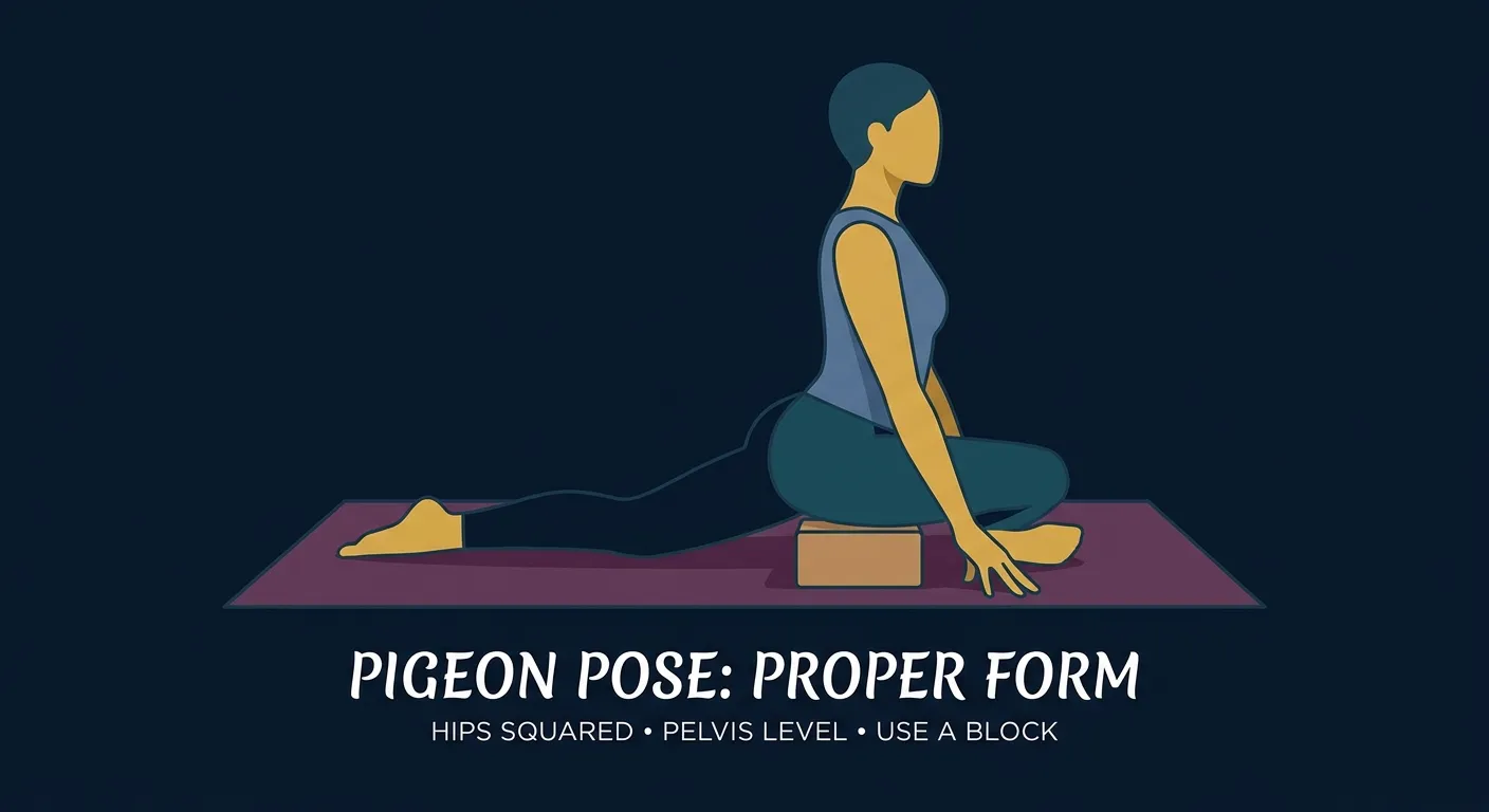Pigeon pose proper form with front shin angled across the mat, back leg extended, hips squared forward, and a yoga block supporting the front hip