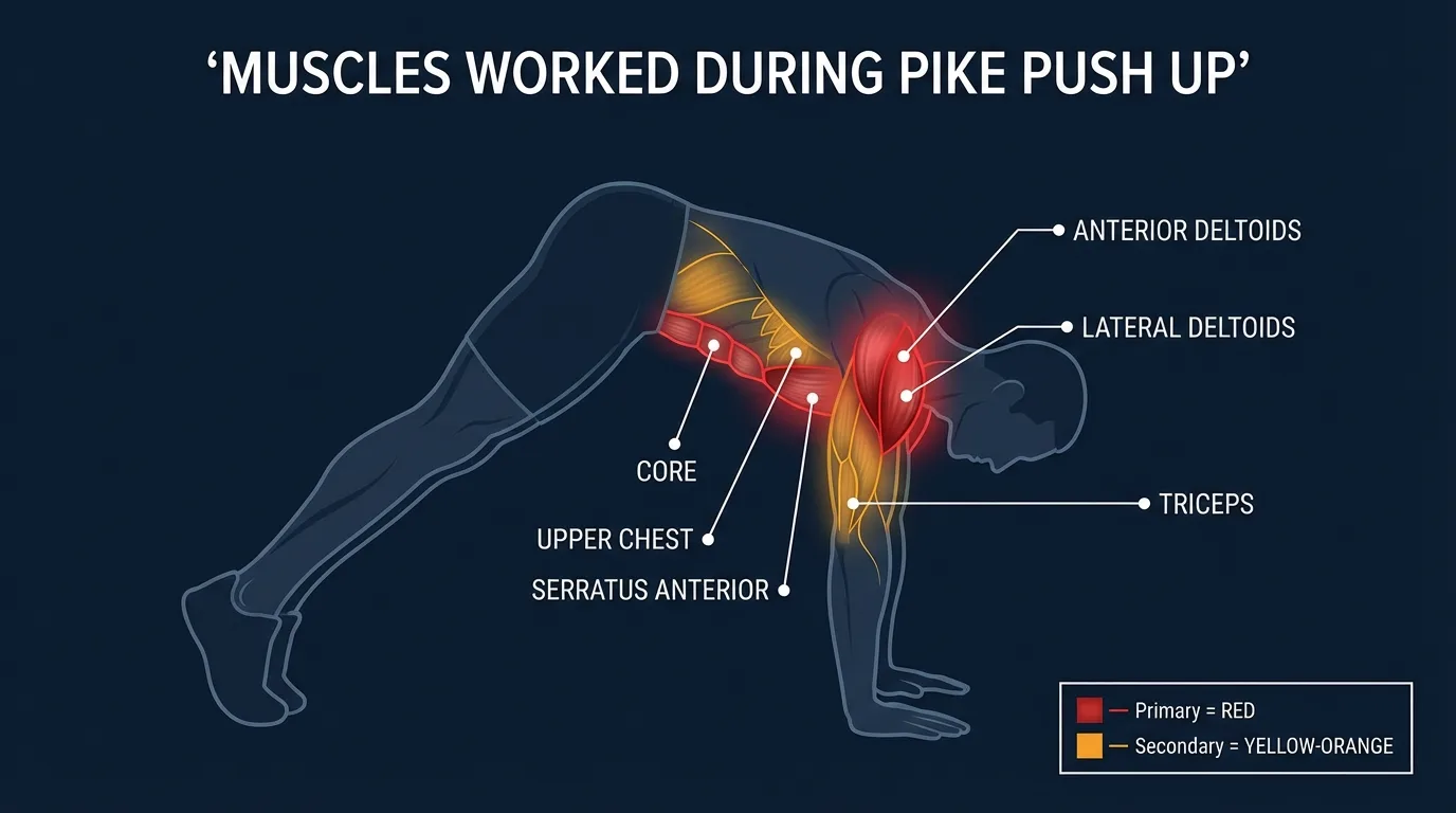 Pike push-up muscles targeted: anterior and lateral deltoids, triceps, upper chest, serratus anterior, rotator cuff, core, and glutes