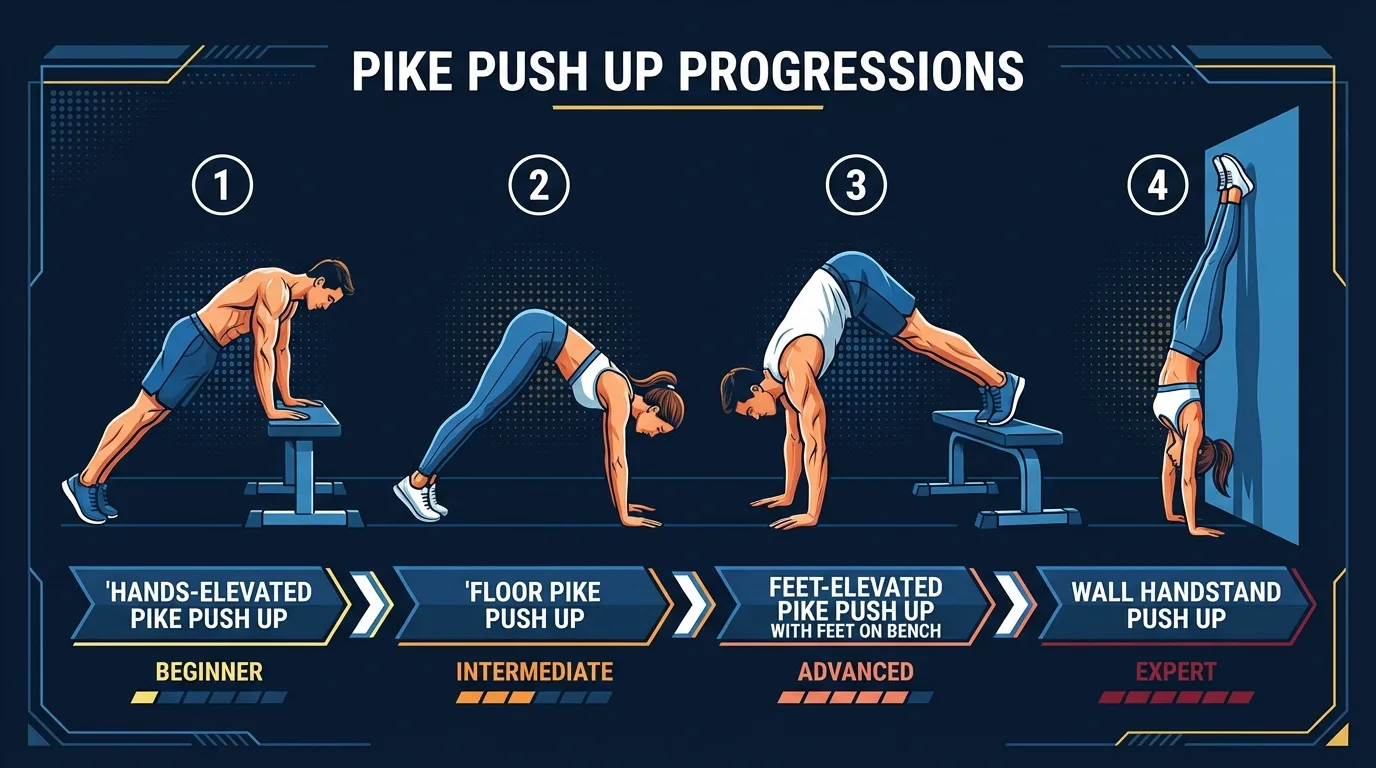 Pike push-up progression from hands-elevated pike push-up to floor pike push-up to feet-elevated pike push-up and handstand push-up preparation